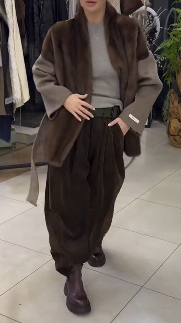 Women Spliced Plush Contrasting Color Coat+ Pants Casual Set