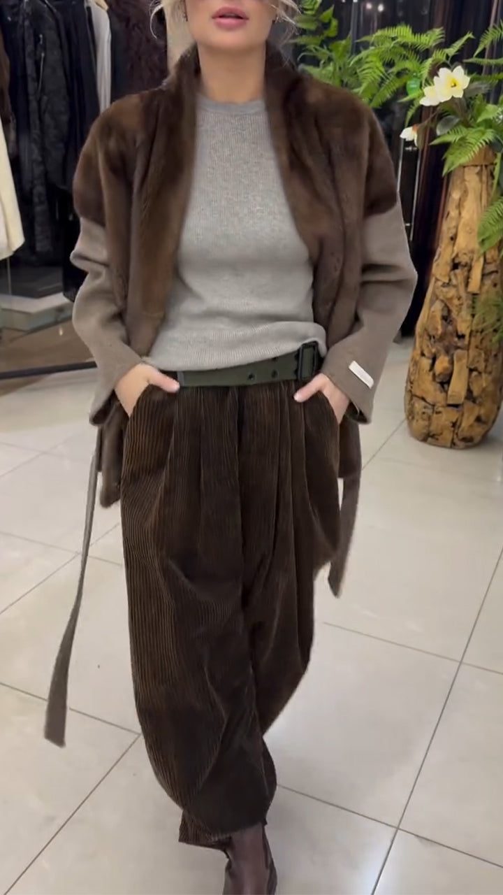 Women Spliced Plush Contrasting Color Coat+ Pants Casual Set