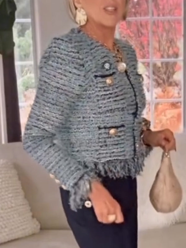 Women Round Neck Double Breasted Patchwork Tassel Temperament Casual Jacket