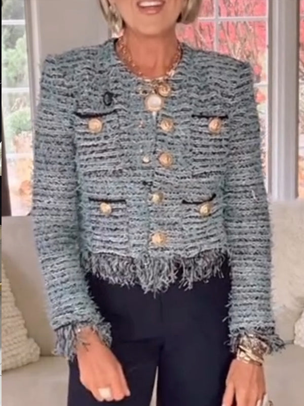 Women Round Neck Double Breasted Patchwork Tassel Temperament Casual Jacket