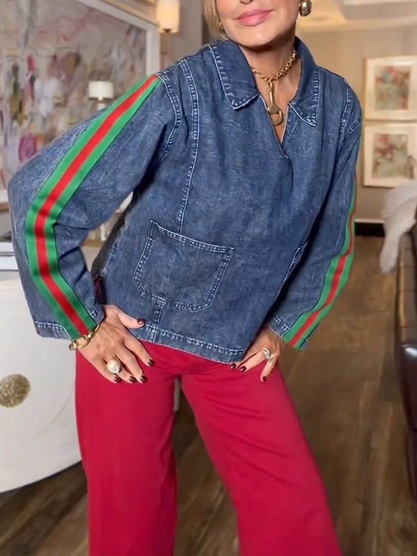 Women Collar Vertical Stripe Casual Denim Top