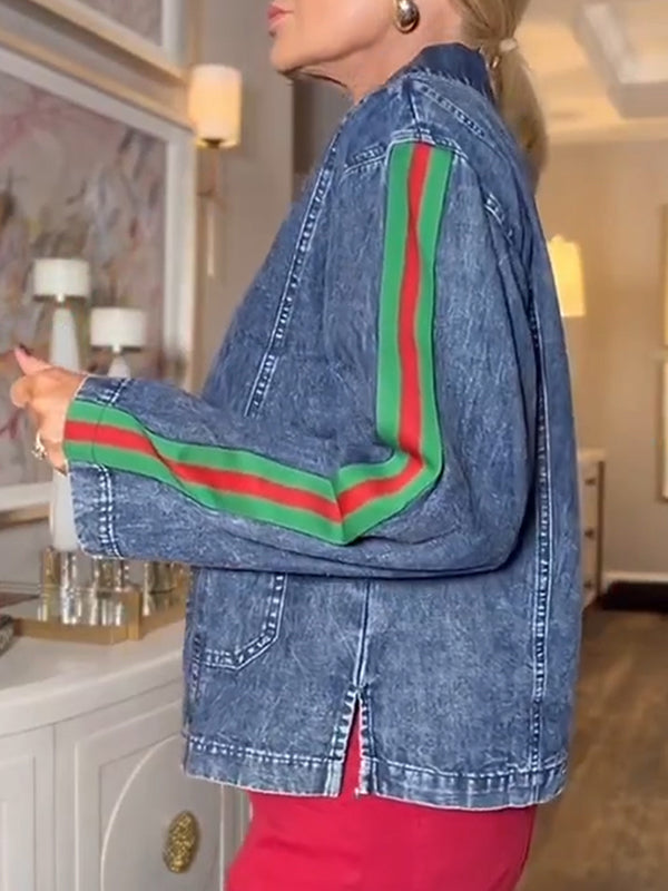 Women Collar Vertical Stripe Casual Denim Top