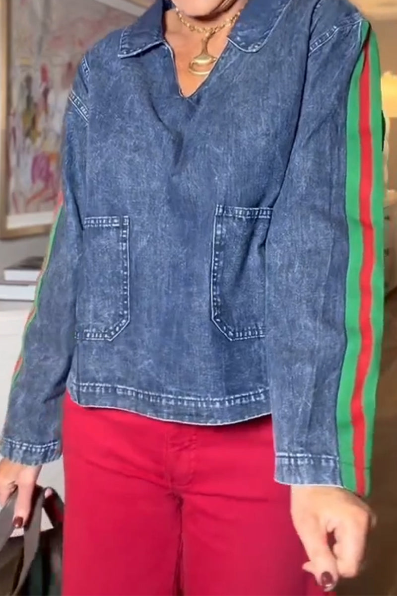 Women Collar Vertical Stripe Casual Denim Top