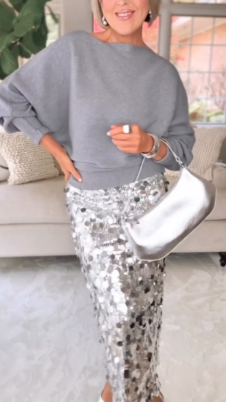 Women Round Neck Top+ Sequined Skirt Casual Set