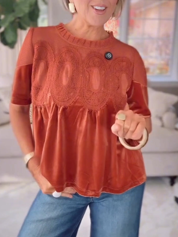 Women Round Neck Patchwork Printed Casual Top