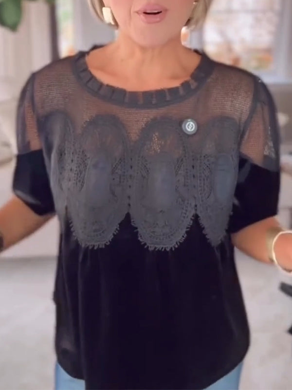 Women Round Neck Patchwork Printed Casual Top