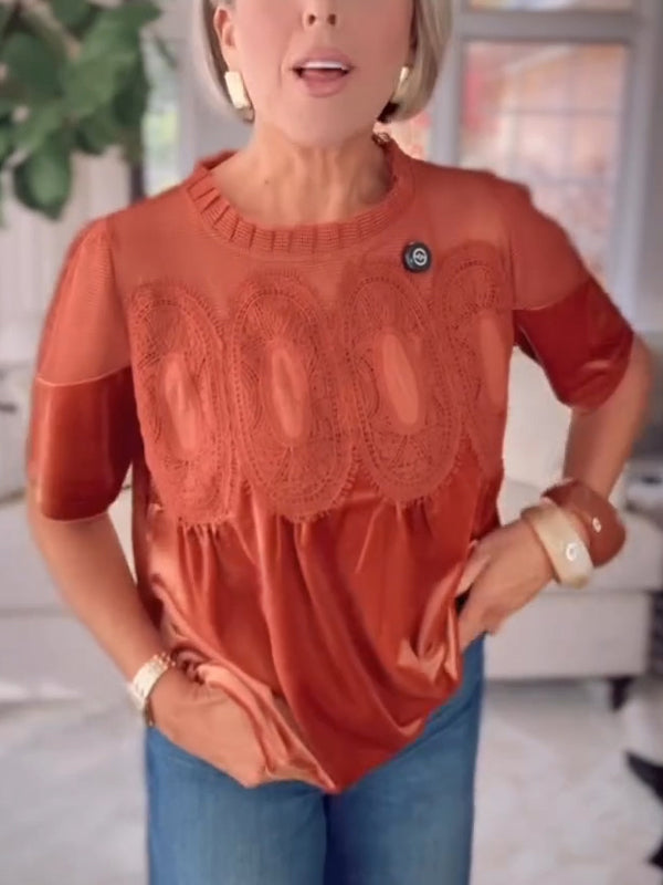 Women Round Neck Patchwork Printed Casual Top