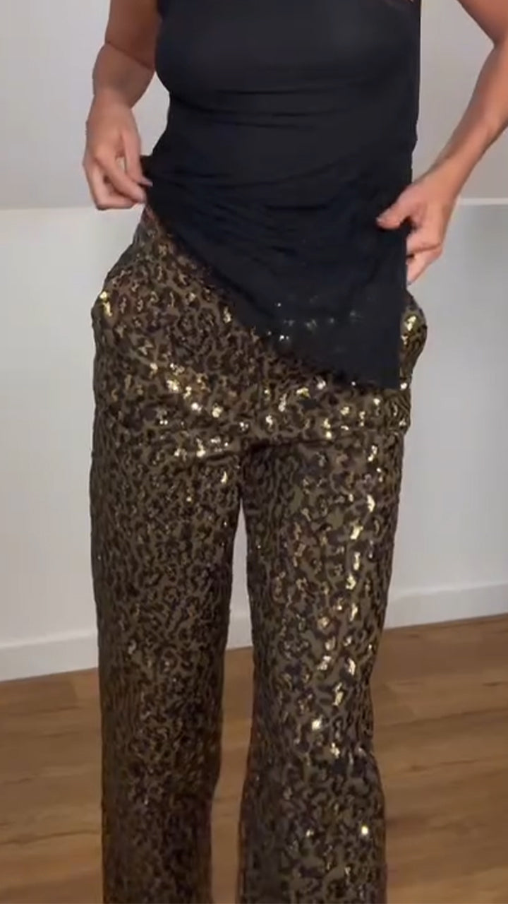 Women High Waisted Printed Sequin Casual Pants