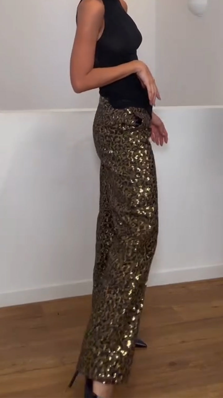 Women High Waisted Printed Sequin Casual Pants