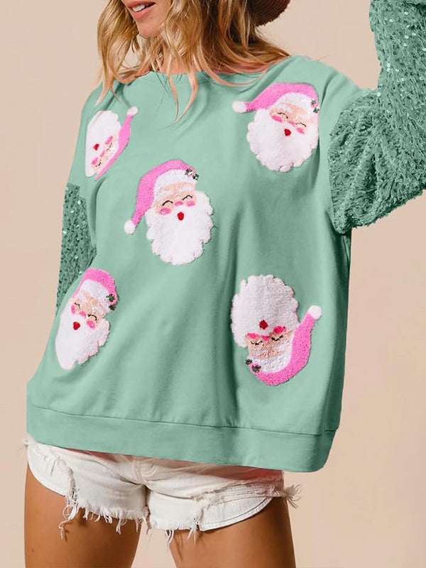 Women Round Neck Spliced sequined Sleeves Christmas Element Printed Casual Top