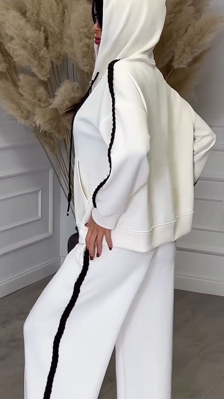 Womens Hooded Drawstring Jacket + Pants Casual Set