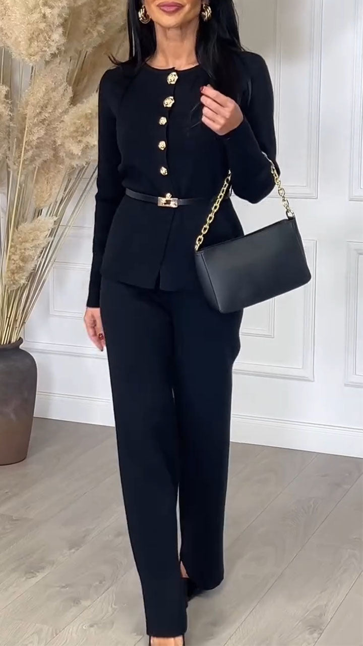 Women Round Neck Button-down Jacket + Trousers Temperament Casual Suit