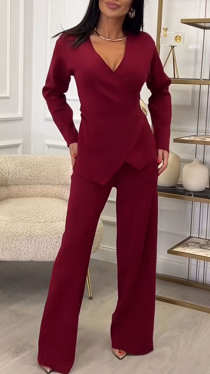 Women V-neck Irregular Top + Pants Temperament Commuter Suit