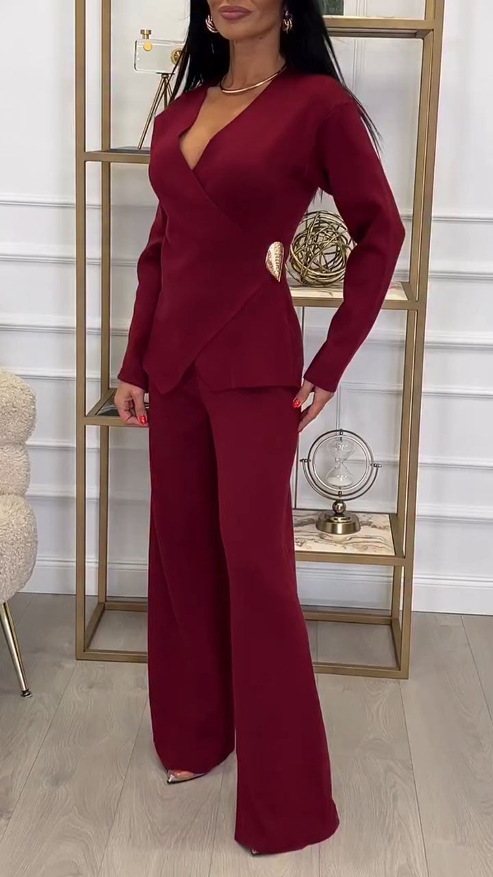 Women V-neck Irregular Top + Pants Temperament Commuter Suit