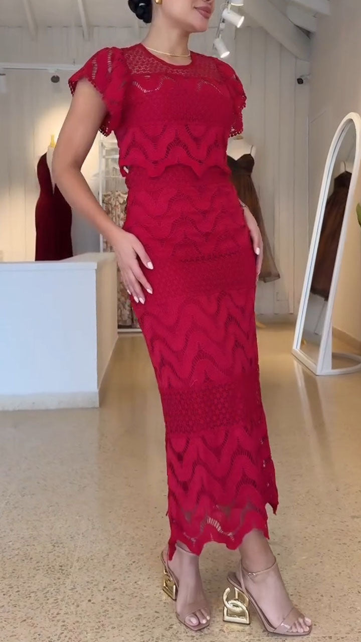 Women Round Neck Printed Hollow-Out Elegant Temperament Suit