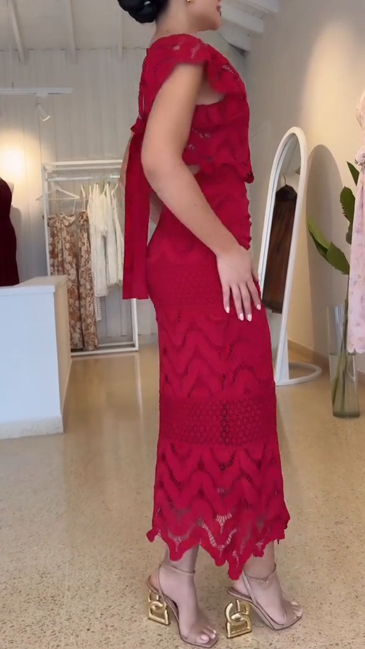 Women Round Neck Printed Hollow-Out Elegant Temperament Suit