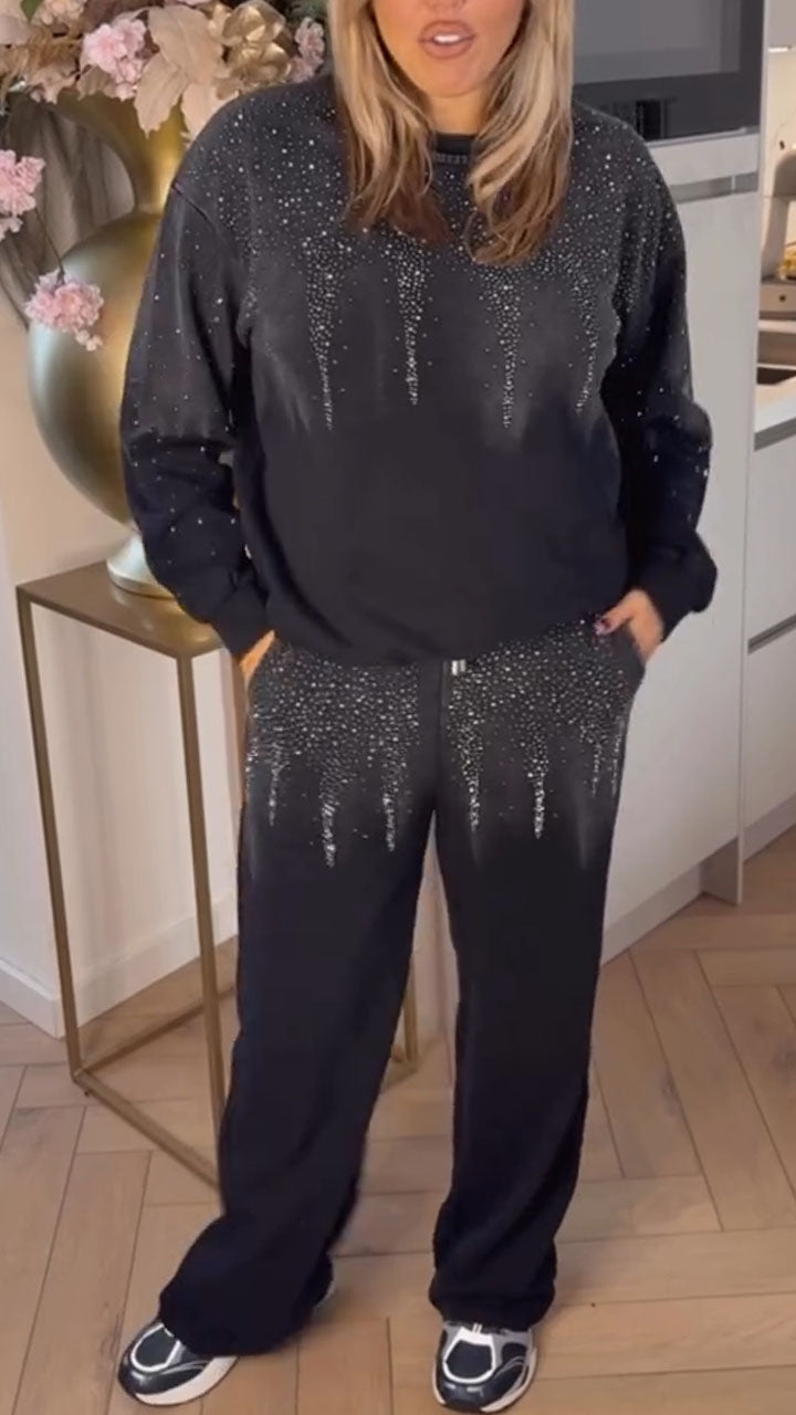 Women Round Neck Rhinestone Sweatshirt + Pants Casual Set