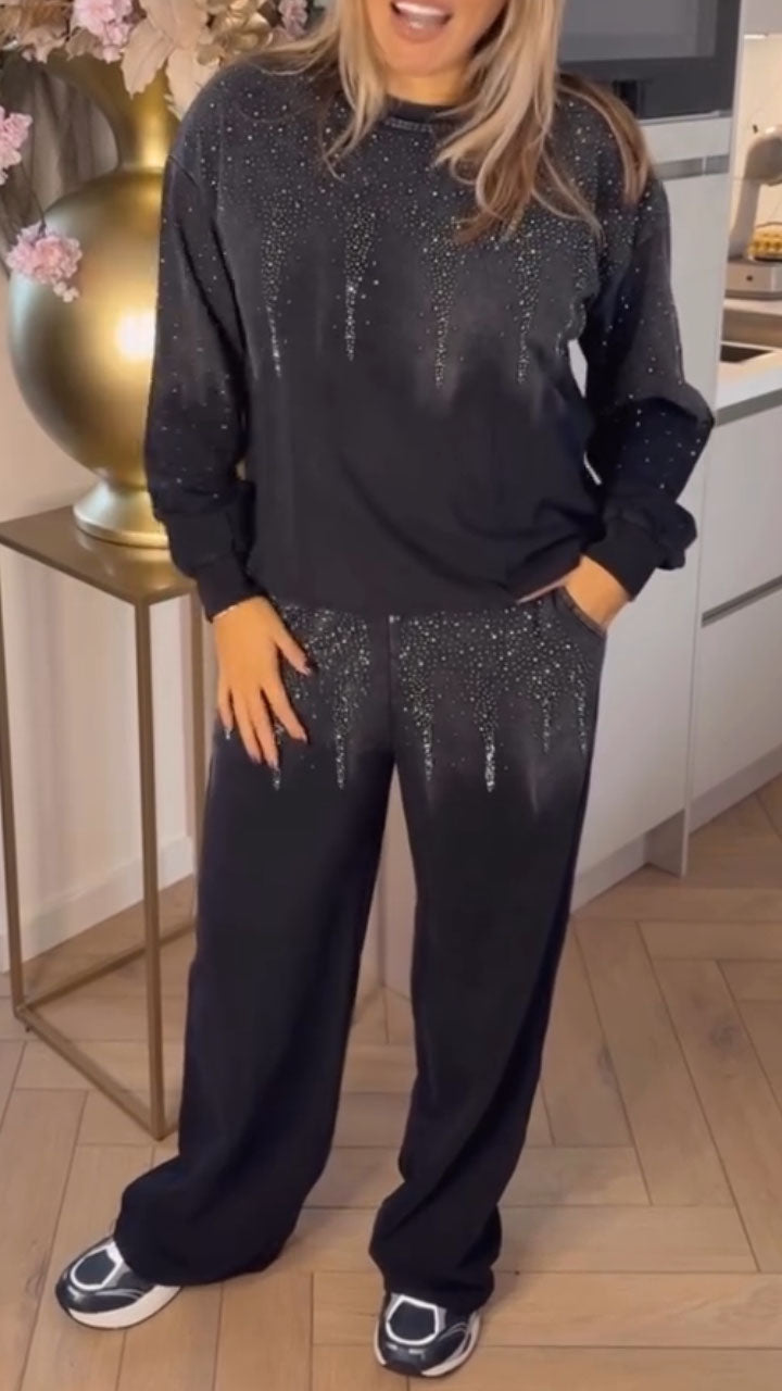 Women Round Neck Rhinestone Sweatshirt + Pants Casual Set