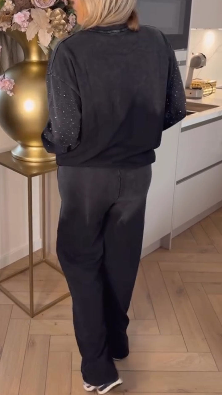 Women Round Neck Rhinestone Sweatshirt + Pants Casual Set