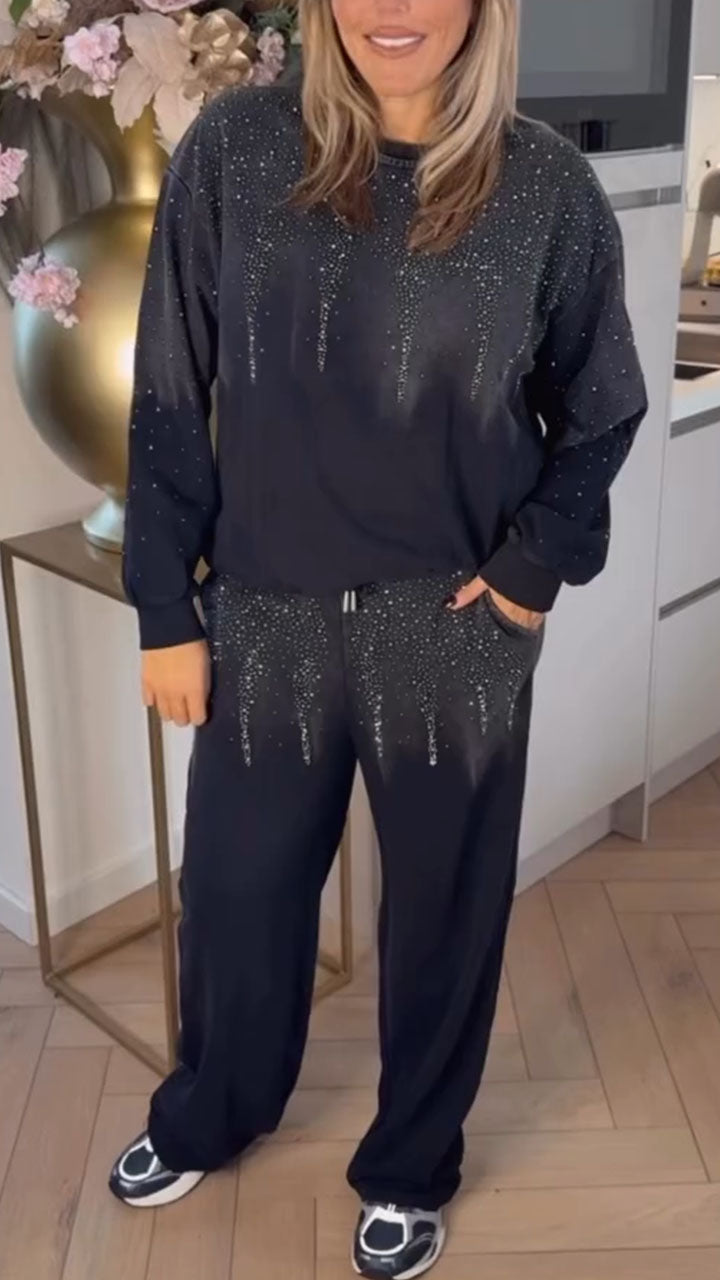 Women Round Neck Rhinestone Sweatshirt + Pants Casual Set