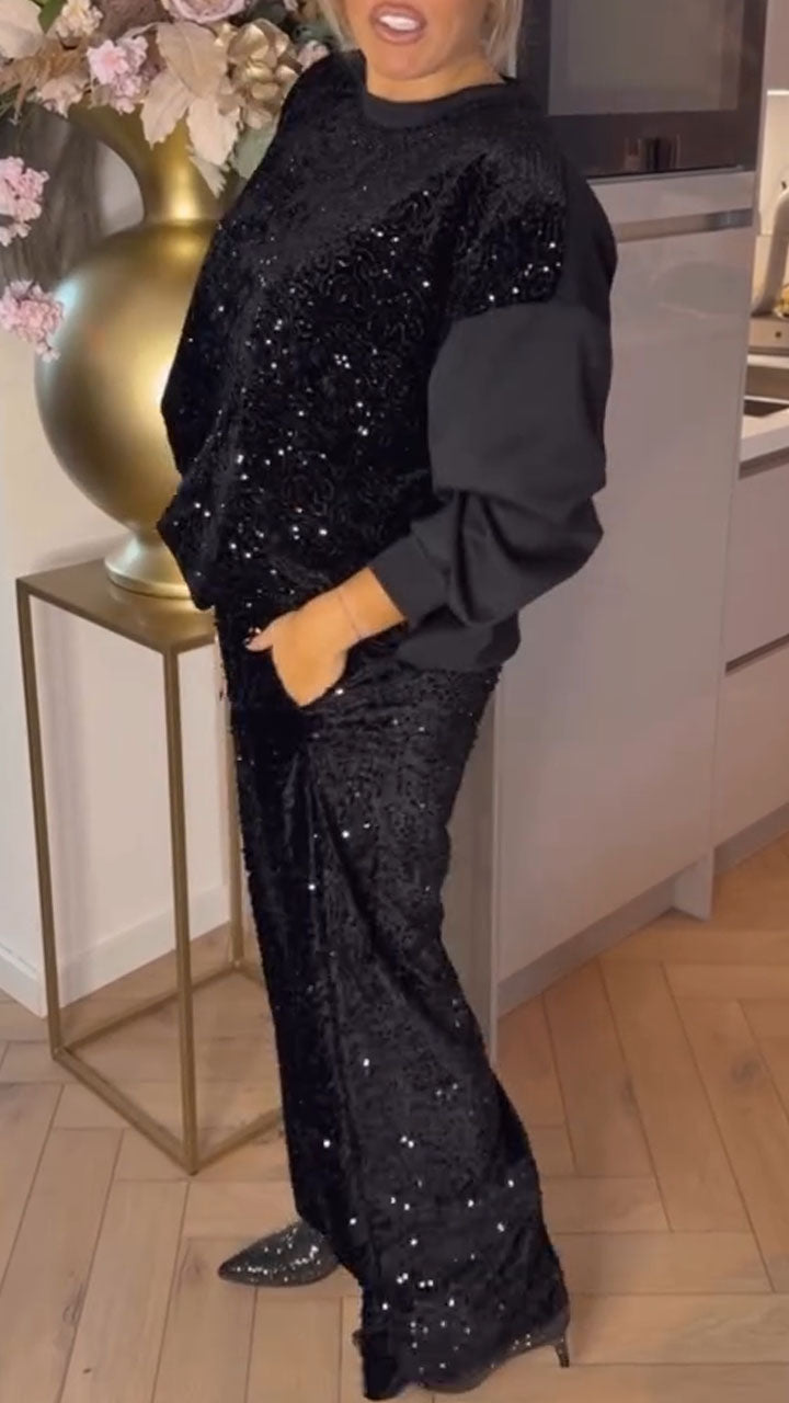 Women Round Neck Sequined Patchwork Sweatshirt + Pants Casual Set