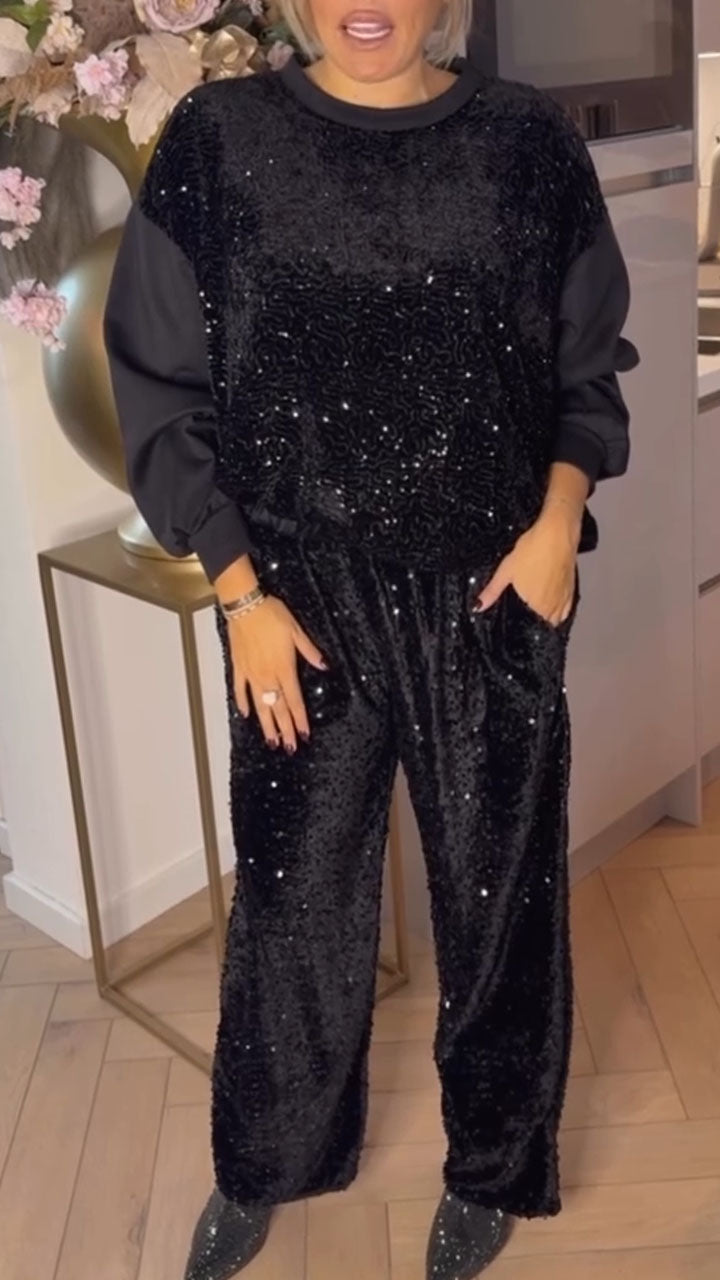 Women Round Neck Sequined Patchwork Sweatshirt + Pants Casual Set