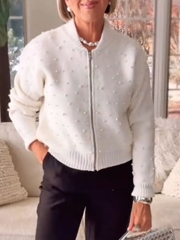 Women Round Neck Pearl-embellished Casual Knit Cardigan