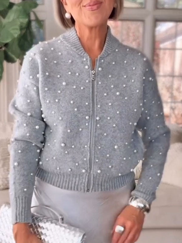 Women Round Neck Pearl-embellished Casual Knit Cardigan