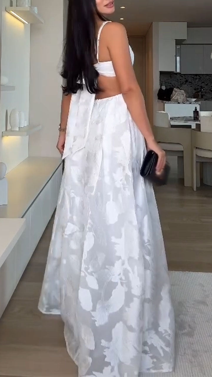 Women Suspender Print Back Strap Hollow Out Elegant Temperament Dinner Party Style Dress