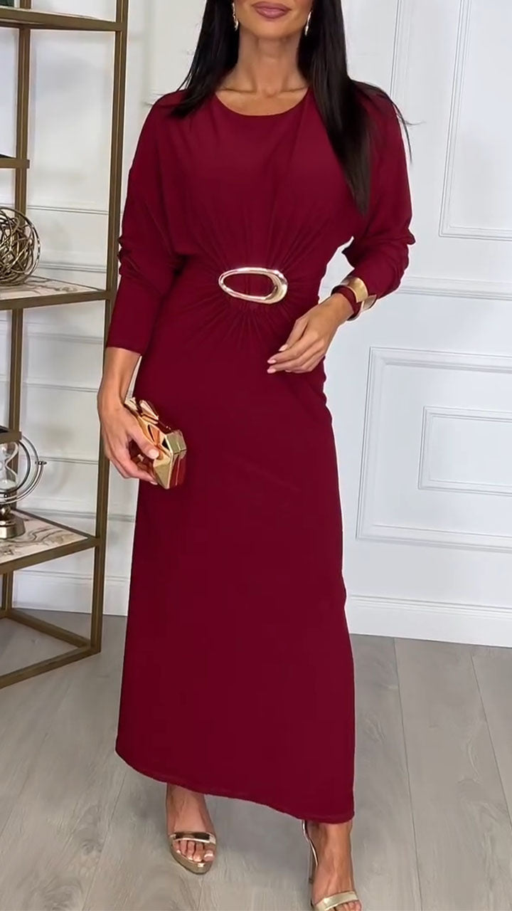 Women Round Neck Waist Metal Buckle Decoration Elegant Temperament Dress