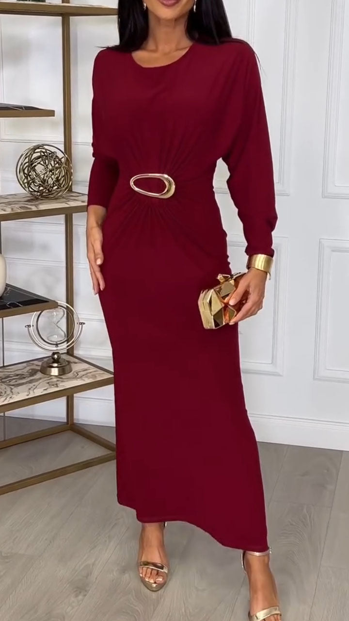 Women Round Neck Waist Metal Buckle Decoration Elegant Temperament Dress