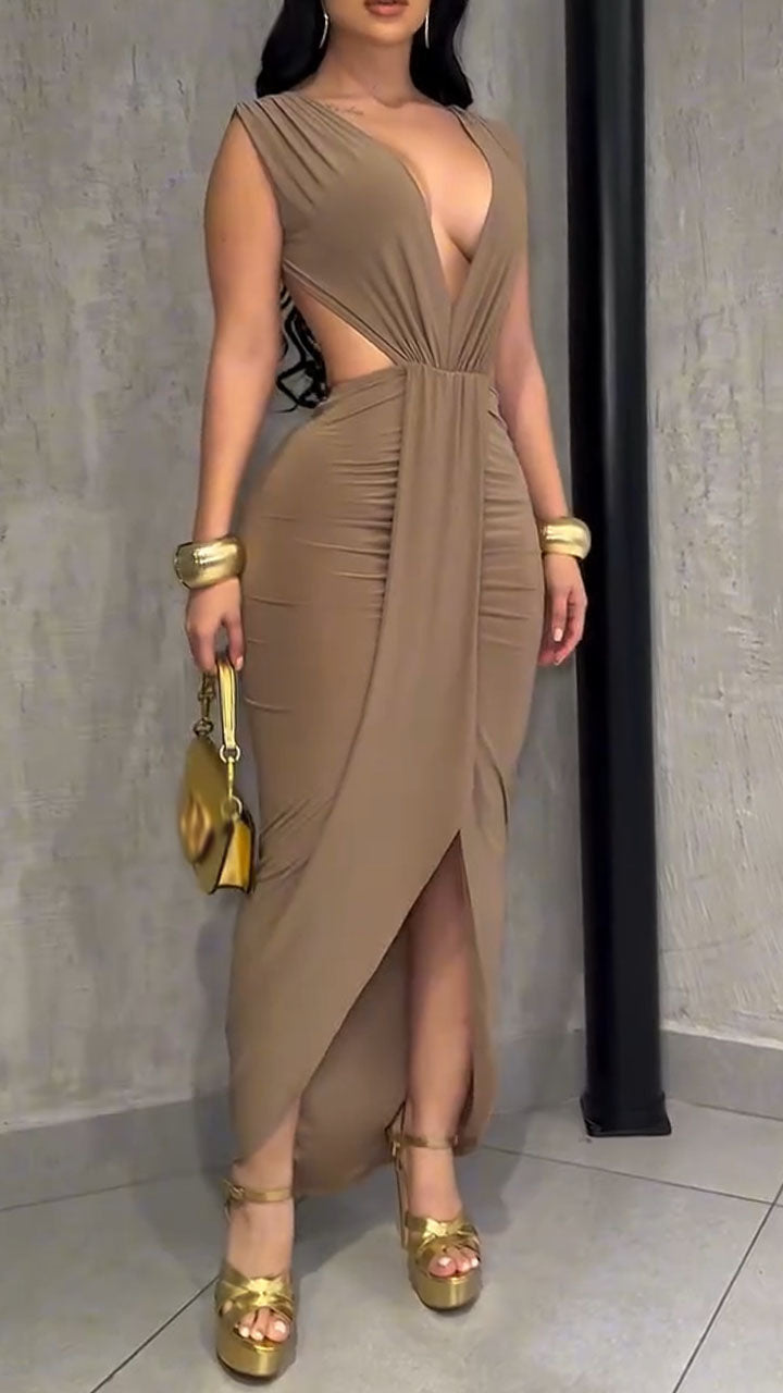 Women Deep V-neck Hollow Pleated Solid Color Sexy Temperament Dress