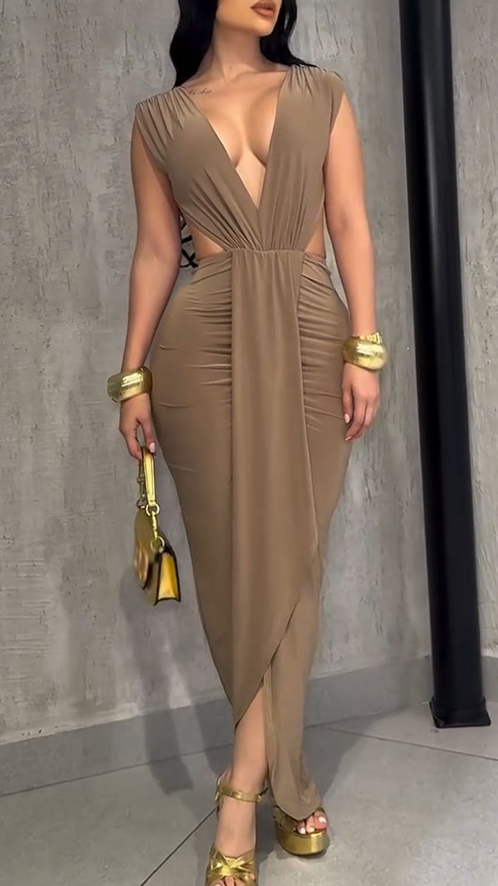 Women Deep V-neck Hollow Pleated Solid Color Sexy Temperament Dress