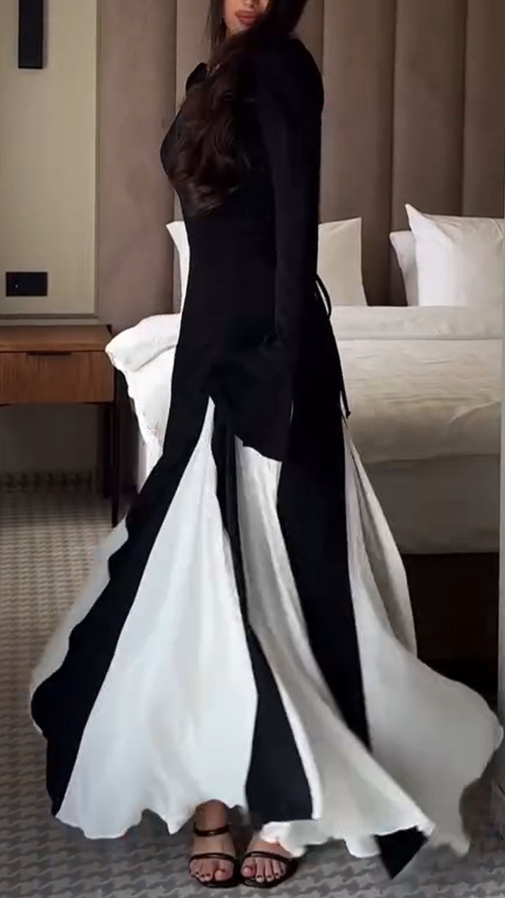 Women Patchwork Color Blocked Waist Elegant Temperament Dress