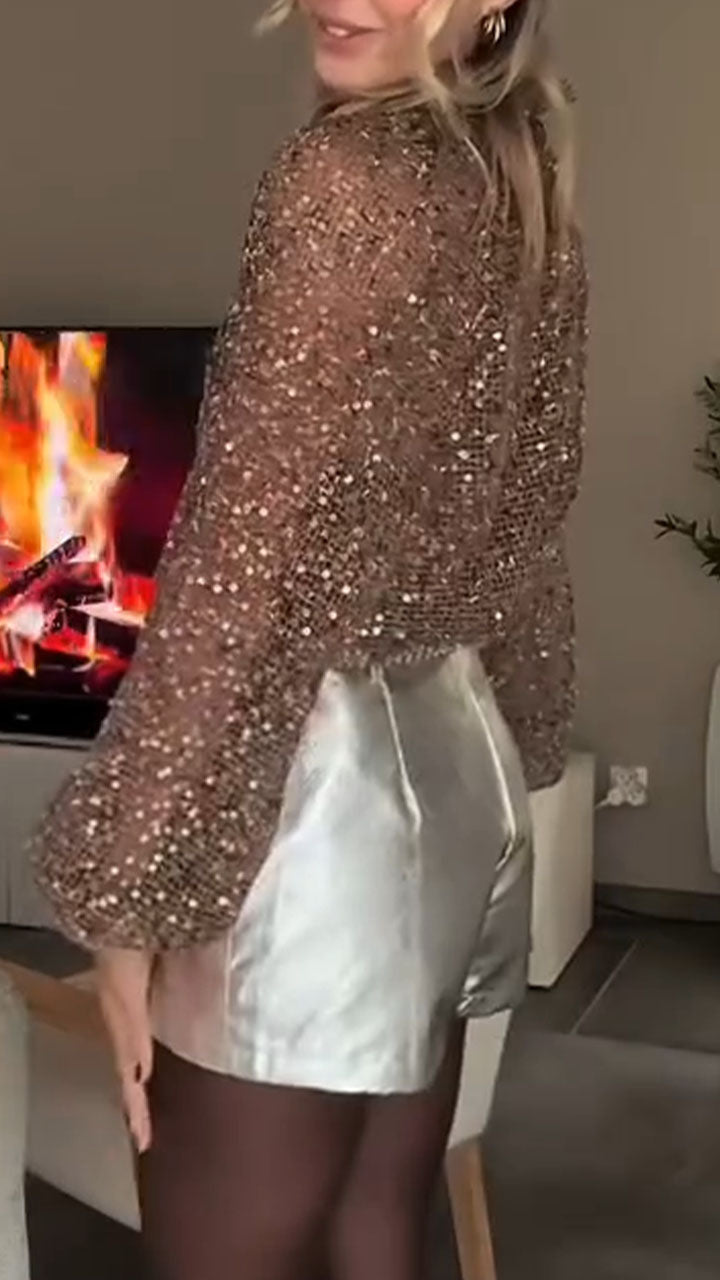 Women Lapel Sequined Sparkling Casual Top