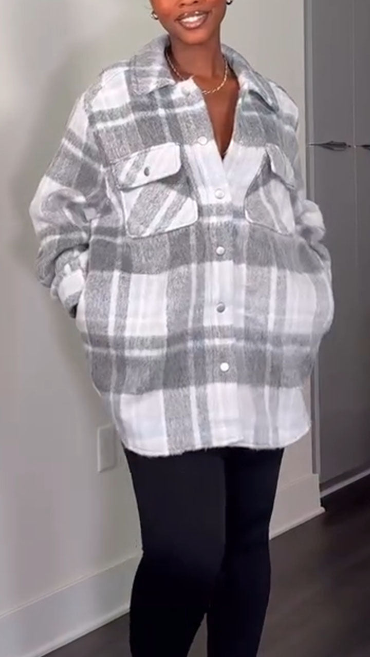 Women Laple Collar Plaid Casual Shirt