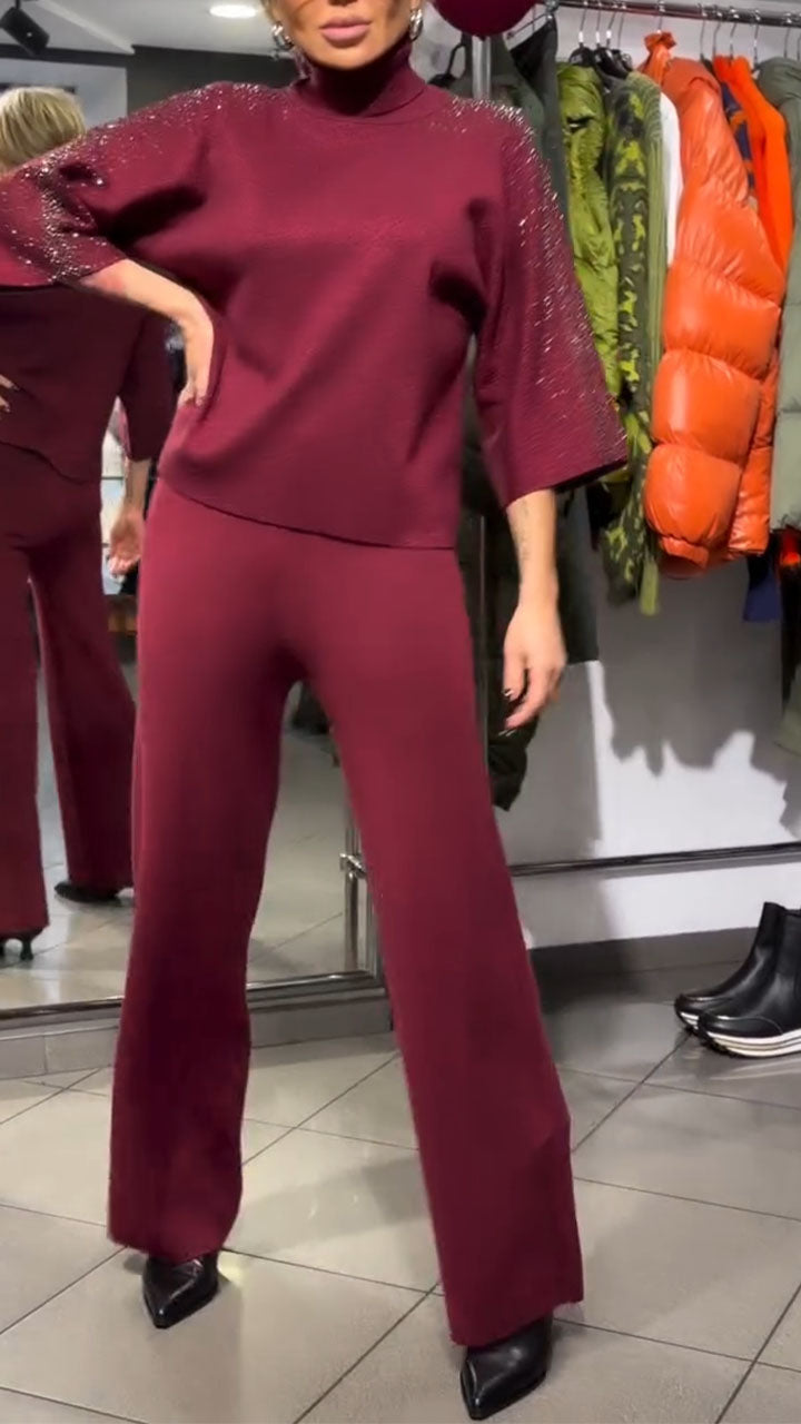 Women High Neck Rhinestone Top+ Pants Solid Color Casual Suit