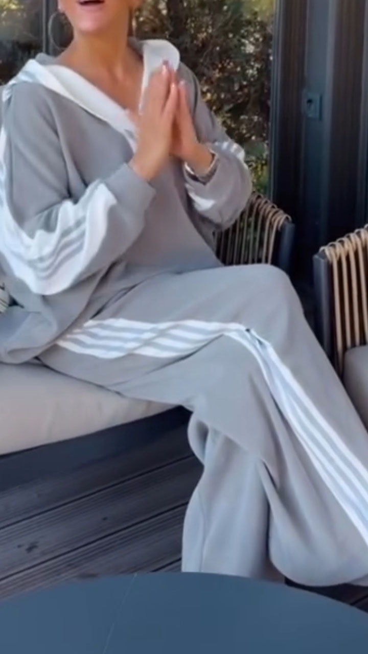 Women Hooded Vertical Stripe Loose Casual Suit