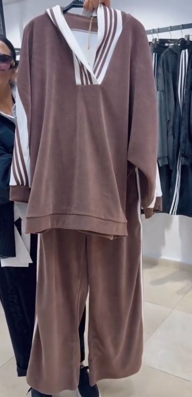 Women Hooded Vertical Stripe Loose Casual Suit