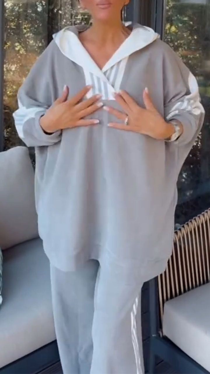 Women Hooded Vertical Stripe Loose Casual Suit