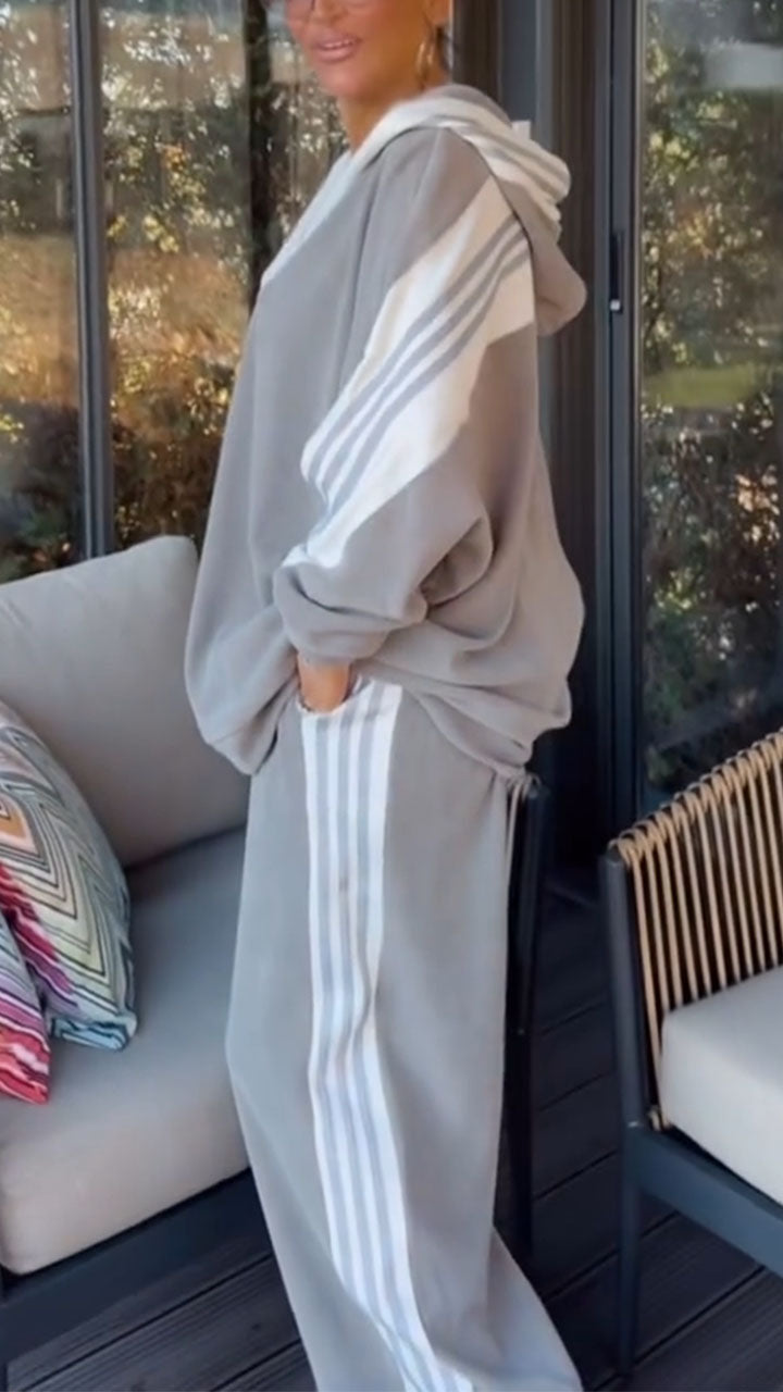 Women Hooded Vertical Stripe Loose Casual Suit