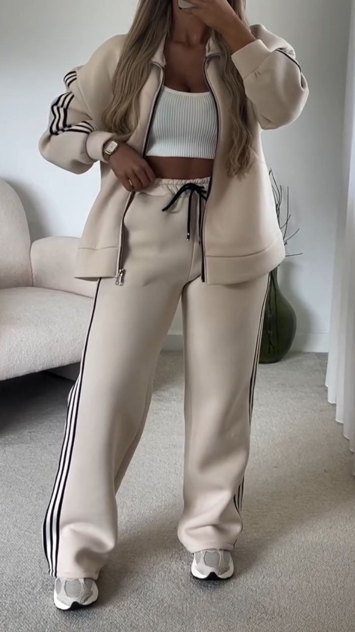 Women Laple Collar Vertical Patterned Jacket+ Pants Casual Suit