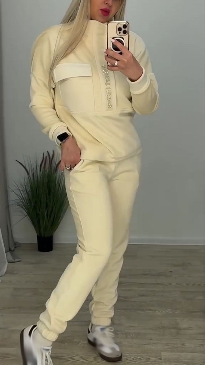 Women Laple Collar Half Zipper Top+ Pants Casual Suit