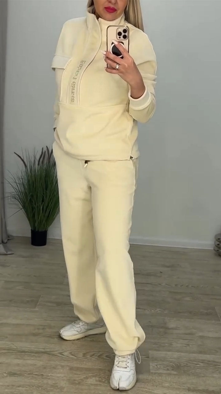 Women Laple Collar Half Zipper Top+ Pants Casual Suit