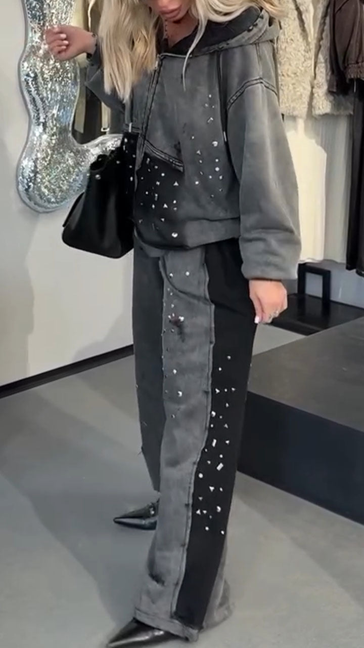 Women Hooded Drawstring Diamond Jacket+ Pants Casual Set