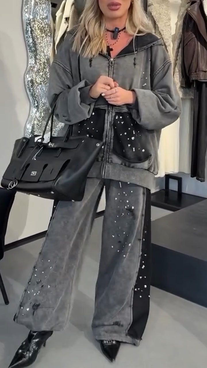 Women Hooded Drawstring Diamond Jacket+ Pants Casual Set