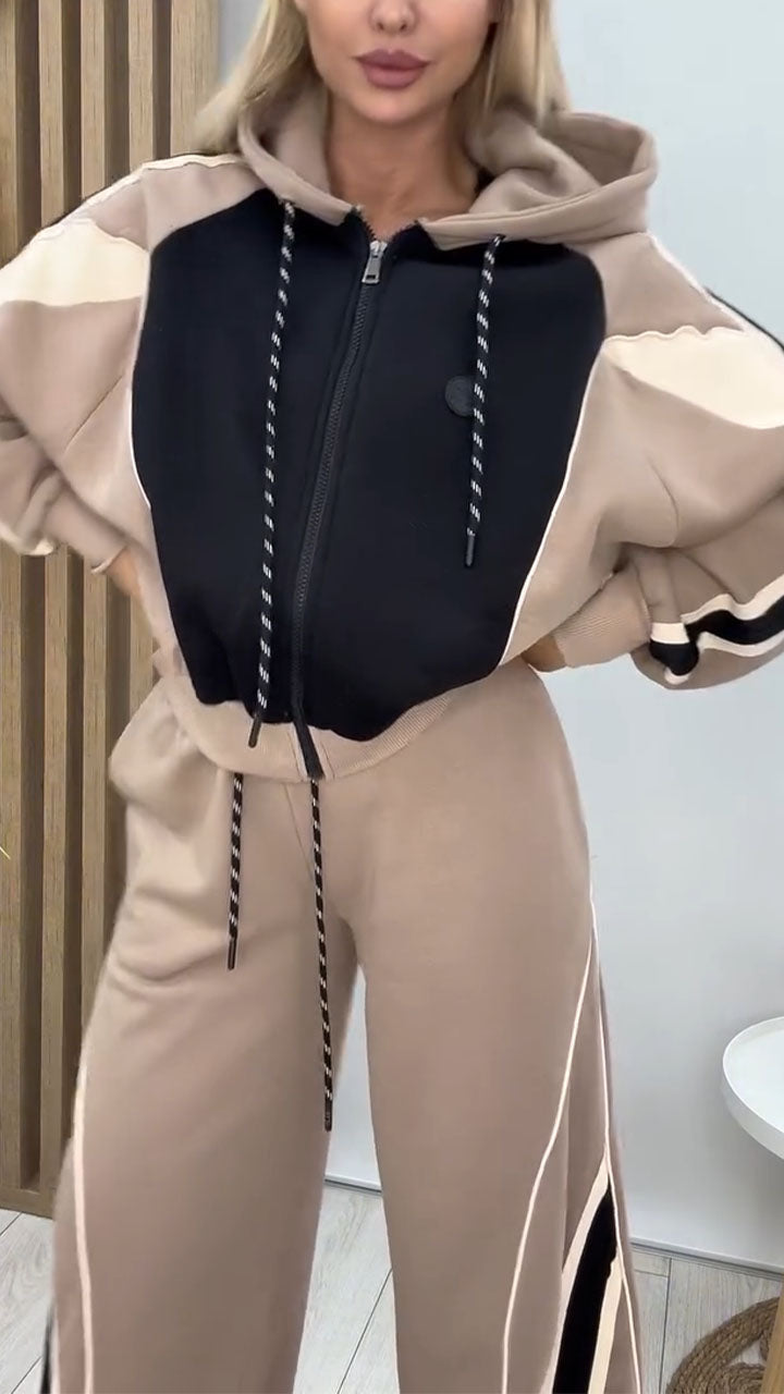 Women Hooded Drawstring Contrasting Jacket+ Pants Casual Set