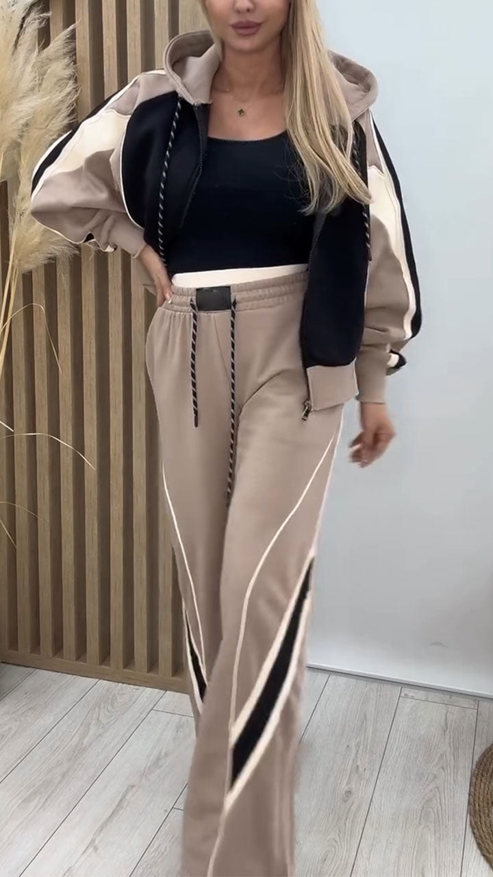 Women Hooded Drawstring Contrasting Jacket+ Pants Casual Set