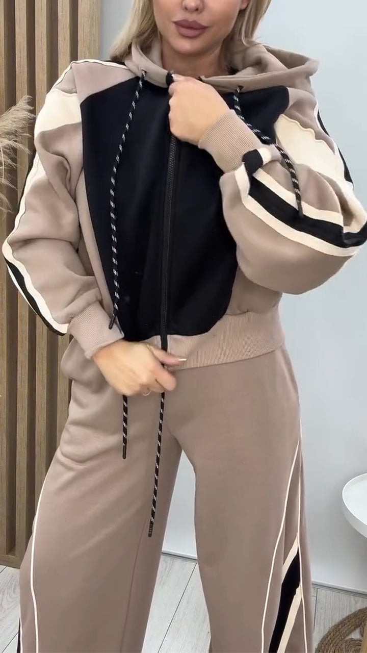 Women Hooded Drawstring Contrasting Jacket+ Pants Casual Set