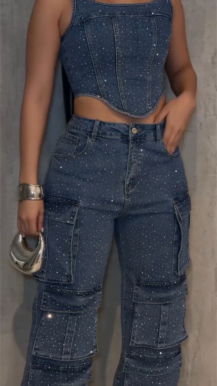 Women Irregular Hot Diamond Splicing Top+ Pants Casual Denim Set